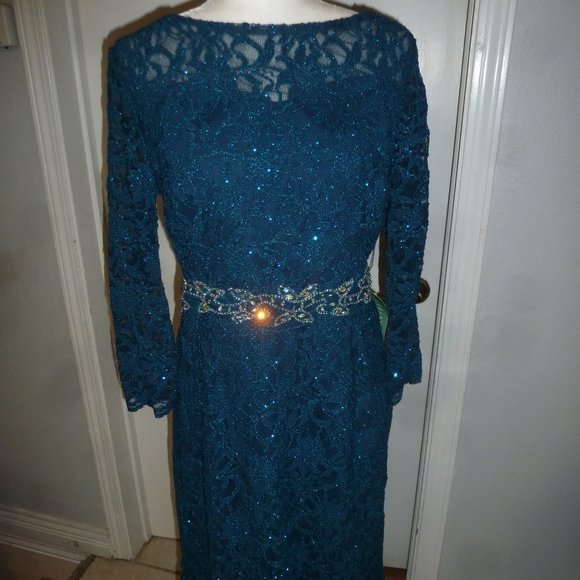 Jackie jon Lace  Glittered Lace Dress with front jewerly accent Sz 16 NEW - Picture 1 of 14